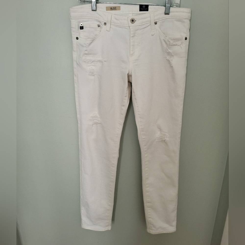 AG Stilt Cigarette Leg White Distressed Denim Skinny Jeans 31R Mid‎ Rise